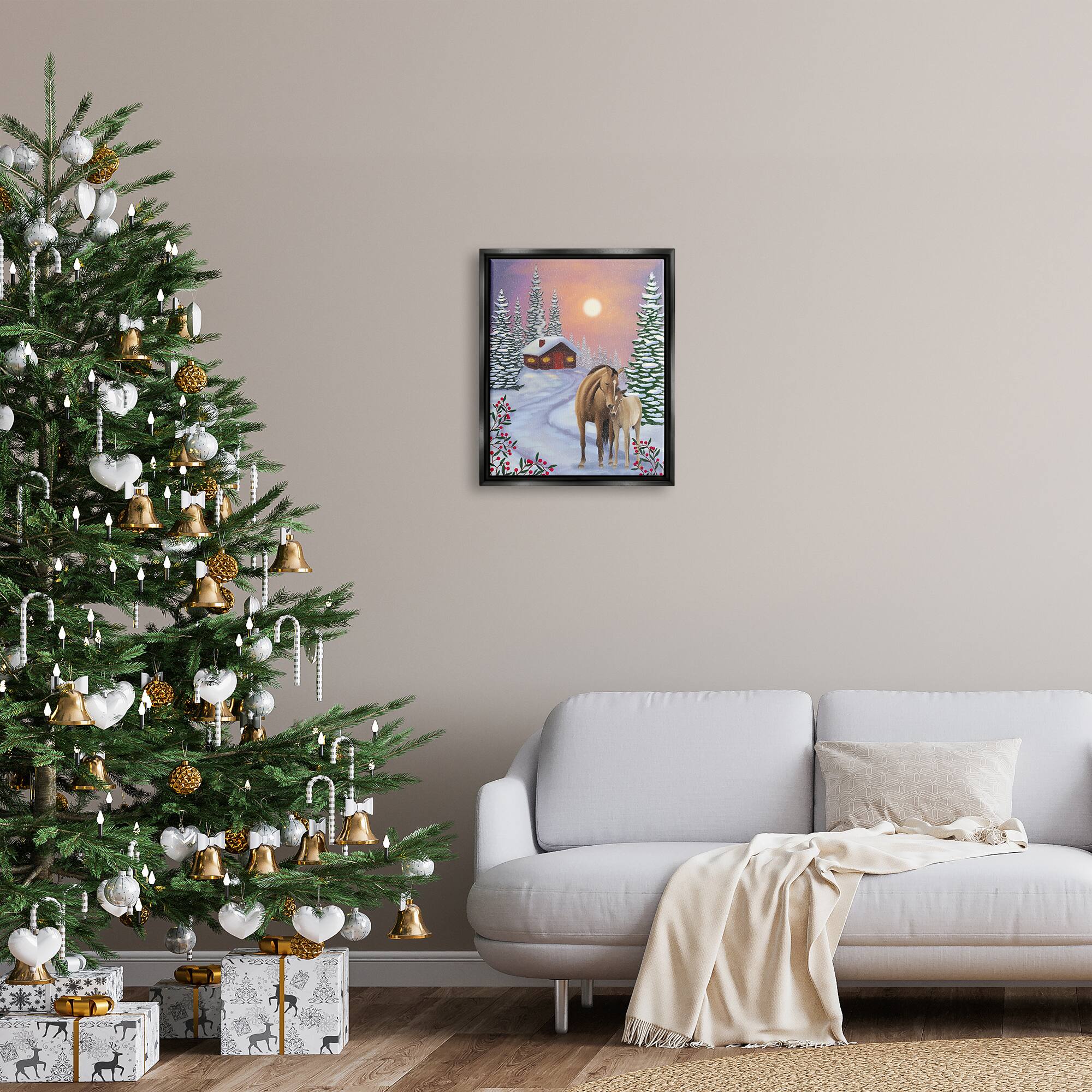 Stupell Industries Holiday Horses Winter Scene Framed Floater Canvas Wall Art